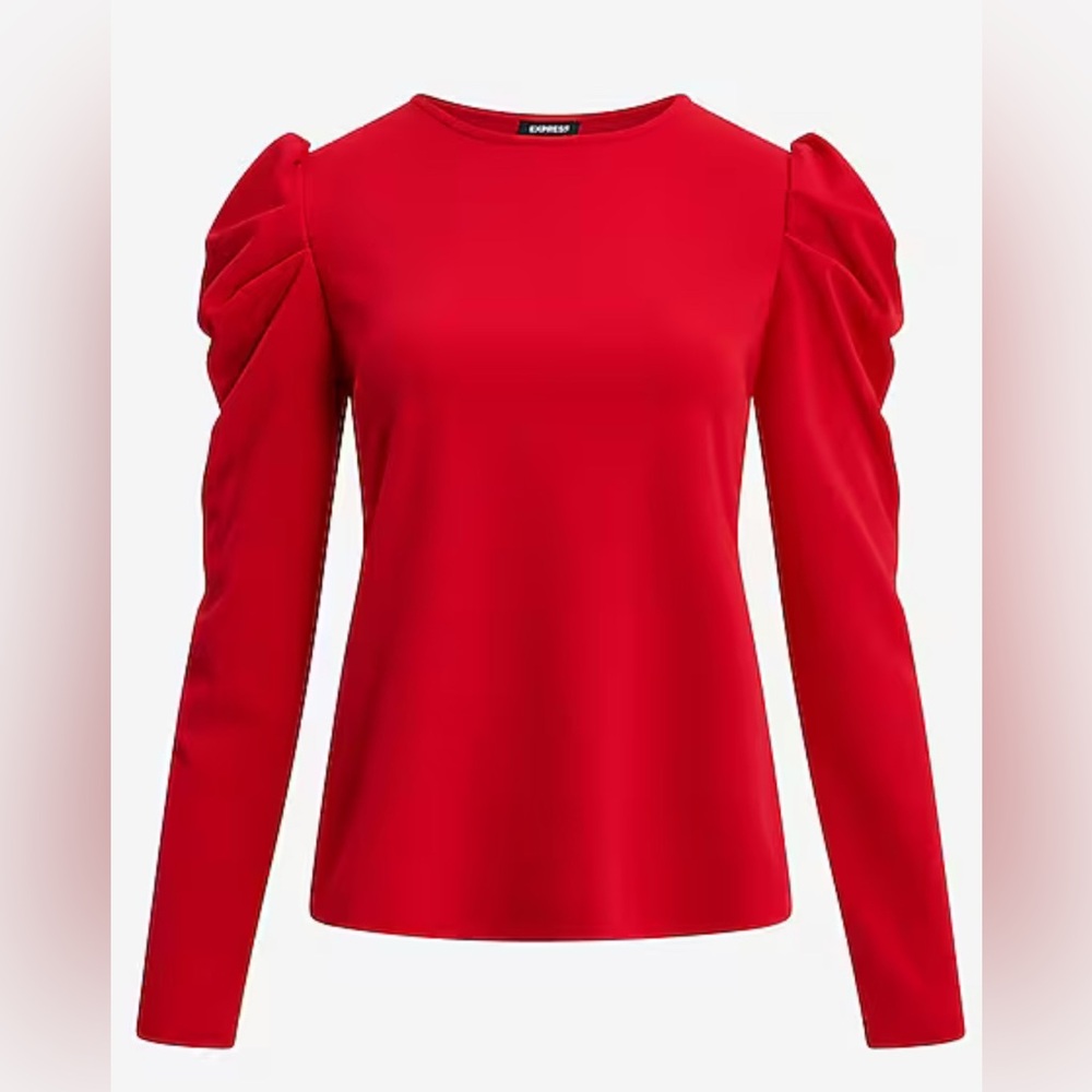 EXPRESS Crew Neck Puff Long Sleeve Tee SMALL Lipstick Red Blouse Top - Picture 4 of 13